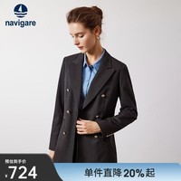 纳维凯尔意大利小帆船女士小西装春季中长款双排扣西服时尚戗驳领通勤单西 太空岩灰 L