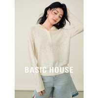 百家好（Basic House）Basic House/百家好钩花连帽绵羊毛半襟针织衫女软糯宽松套头毛衣 白色 M
