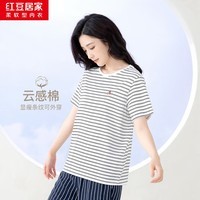 红豆居家（Hodohome）纯棉条纹短袖T恤女舒适透气圆领短袖休闲外穿女打底T恤 黑白条 S 160/85