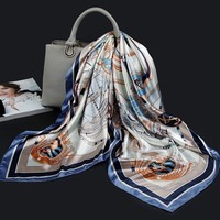 达芬奇密码90*90cm仿真丝大方巾女丝巾 春秋防寒披肩送亲人朋友礼物 桑海远航 水蓝