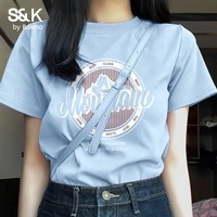 班尼路S&K纯棉短袖T恤女2026年夏季女装新款潮流休闲简约百搭复古风上衣 雾霾蓝#Z复古印花 M