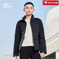 鸿星尔克羽绒夹克女新款保暖无缝充绒立领户外休闲运动女士羽绒外套 正黑 S