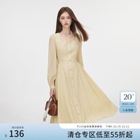 范思蓝恩秋季克拉恋人法式方领连衣裙女秋装新款微皱肌理感A字高腰显瘦裙 黄色 XS