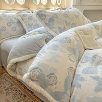 Krupp Corp A类母婴级加厚加密夹边雕花牛奶绒四件套 冬季保暖绒床笠套件 蝶影玫瑰-蓝c 床单款 1.8米床(被套200*230cm)