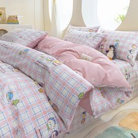 索隆 纯棉贡缎新疆棉床单四件套全棉40S简约活性印染床品套件 企鹅猫熊-格子LN 2.0m床单款(被套220*240cm)套件