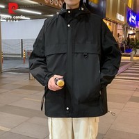 皮尔卡丹春秋季连帽情侣冲锋衣防风防水工装户外夹克外套 黑色 M 建议【体重115-1135斤】