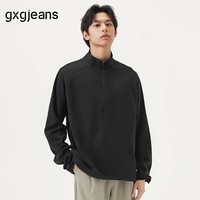 gxgjeans男装 黑色胸前绣花简约立领半开襟长袖T恤男 25年春新品 黑色 M