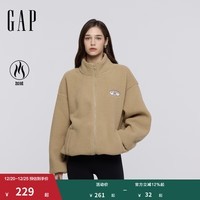 GAP女装2025秋季新款贴布绣logo仿羊羔绒宽松拉链立领外套 卡其色 M (165/88A) 亚洲尺码