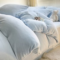 J.H.Longess 厚实保暖纯色双拼牛奶绒高克重秋冬加绒床上四件套 浅蓝/LJR 1.8床 床单款 (被套200*230cm) 套件