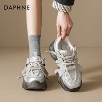 达芙妮厚底老爹鞋女2025新款蕾丝网面透气爆款百搭增高运动鞋 灰色 38