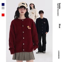 bosie伯喜2025年冬季新款多色卡通童趣毛衣男情侣开襟针织毛衫潮 藏青色 M