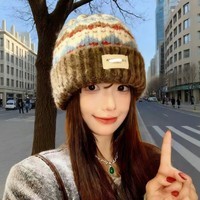 OLOIU新款大头围显瘦百搭保暖毛线帽子女休闲包头针织帽网红冷帽 提花布标帽-卡其色 M（56-58cm