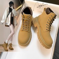 奥古狮登大黄靴马丁靴女秋冬新款英伦风复古工装靴子女厚底增高大头女短靴 624001卡其色【单里款】 37