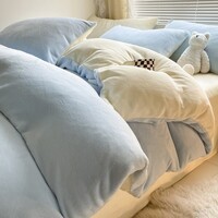 J.H.Longess 厚实保暖纯色双拼牛奶绒高克重秋冬加绒床上四件套 浅蓝+奶黄/LJR 1.8床 床单款 (被套200*230cm) 套件