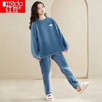 红豆秋冬女式套头法兰绒睡衣女士甜美小清新可外穿家居服套装 838花冠蓝 XL 175/96A