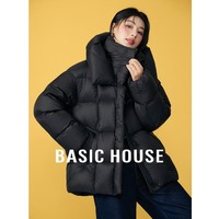 Basic House/百家好灰色立领羽绒服2025保暖连帽中长款白鸭绒外套 黑色 L