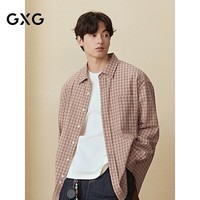 GXG男装三文鱼色长袖衬衫通勤休闲衬衣格纹薄外套 格纹 165/S