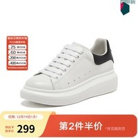 百思图春商场新款牛皮休闲小白鞋松糕厚底女运动板鞋ZWZA3AM4 白黑色 （女鞋） 37