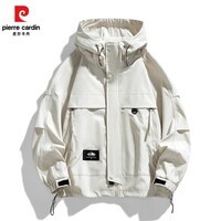 皮尔卡丹新款情侣款春秋宽松版冲锋衣青年潮流韩版时尚连帽大码夹克百搭衣 浅卡其 L 建议【体重135-155斤】
