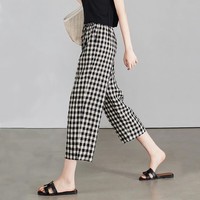 子牧棉麻2026春夏装 女百搭格子九分直筒裤子宽松显瘦薄款休闲裤6688 黑白格子 L (建议115-130斤)
