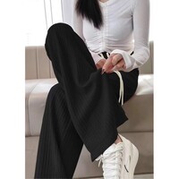 有只绵冰丝阔腿裤女春夏新款显瘦休闲裤薄款高腰垂感宽松九分直筒拖地裤 黑色 均码 (80-140斤)裤长100CM 裤腰带统一米白