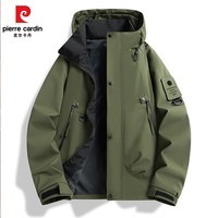 皮尔卡丹冲锋夹克男士2025春季休闲百搭宽松连帽工装外套男装 军绿 3XL