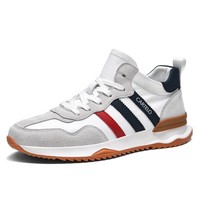 卡帝乐鳄鱼男鞋春夏季真皮防滑板鞋厚底旅游鞋透气帆布男士休闲鞋跑步运动鞋 米白-布面(QH8016) 39