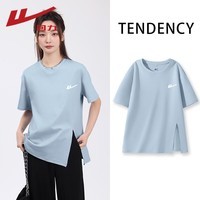 回力(Warrior)开叉宽松短袖T恤女2026年夏季女装新款潮流时尚慵懒随性休闲上衣 雾霾蓝#回力白标K S