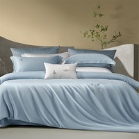 水星家纺出品百丽丝床上四件套 100%纯棉长绒棉 全棉印花套件 舒适被套床 伊莲青【60支高密贡缎&中式刺绣】 床单款 1.5米床,适配200*230cm被芯