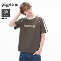gxgjeans男装 凉感撞色拼接美式宽松圆领短袖T恤男生上衣 26夏新品 咖色 L (175)