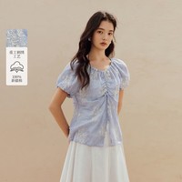 茵曼（INMAN）法式条纹刺绣花苞袖衬衫2026夏季女装新款V领系带短袖衬衣 浅蓝色 S