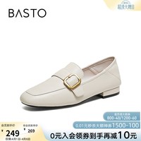 百思图2026春季新款【羊皮】乐福鞋简约时尚通勤粗跟女单鞋W6303AA6 米白色 38