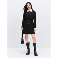 太平鸟女装气质优雅小香风连衣裙2024秋冬小众假两件长袖短裙 黑色 M