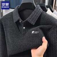 罗蒙（ROMON）男士假两件加绒毛衣2025秋冬新款保暖仿雪貂绒打底针织衫男装上衣 222黑色 4XL (建议体重170-185斤)