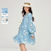 茵曼（INMAN）度假风浪漫重工刺绣皱感连衣裙2026春季女装新款灯笼袖裙子 	天蓝色 M