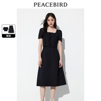 太平鸟女装中式套装2024夏方领国风连衣裙气质提花盘扣裙子 黑色上衣 S