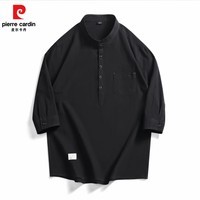 皮尔卡丹日系立领纯棉衬衫男士宽松大码衬衣中式唐装外套休闲七分袖上衣服 黑色 L