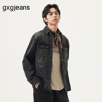 gxgjeans男装 黑色分割设计时尚水洗翻领牛仔夹克外套男25春新品 黑色 L (175)