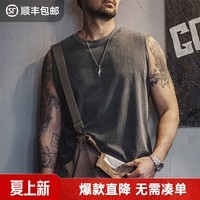 马登工装美式复古硬汉做旧背心男纯棉运动健身打底坎肩男士无袖T恤夏 旧炭黑 【砍袖/外穿/摇滚背心】 M