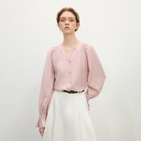 范思蓝恩法式V领长袖衬衫女2025春新款韩系慵懒风宽松上衣1287 薄雾粉 XS