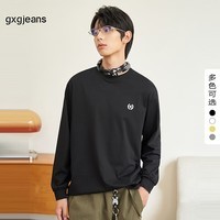 gxgjeans男装2024年秋季黑色打底衫刺绣圆领套头长袖T恤男 黑色 L (175)