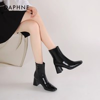 达芙妮官方高跟靴子女2025秋冬新款白色靴子英伦风气质短靴百搭瘦瘦靴JD 亮黑色 【6.5cm 新式马蹄跟】 36