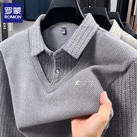 罗蒙（ROMON）男士假两件加绒毛衣2025秋冬新款保暖仿雪貂绒打底针织衫男装上衣 222灰色 XL (175) (建议体重125-140斤)