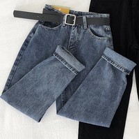 高弹牛仔裤女新款秋冬直筒高腰宽松哈伦萝卜老爹裤子潮 蓝灰 25