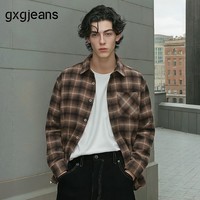 gxgjeans男装 咖色格纹美式复古宽松长袖衬衫 25年秋新品 咖格 L (175)