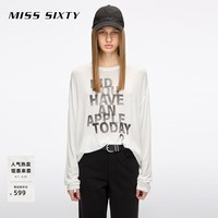 MISS SIXTY2026春季新款长袖T恤女字母印花羊毛混纺宽松中长上衣 米白 S