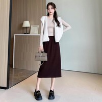 螺纹半身裙女春秋季高腰修身针织中长款长裙开叉a字包臀裙子 咖啡 70 M适合-95斤
