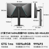 SANC盛色27英寸4K160Hz双模320Hz黑耀屏 4608灯珠量子点MiniLED电竞显示器镜面抗反光HDR1400亮度BM72u