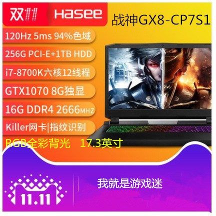Hasee/神舟 战神 GX8-CP7S1/8700K/16G/256PCIE/GTX1070游戏本图片