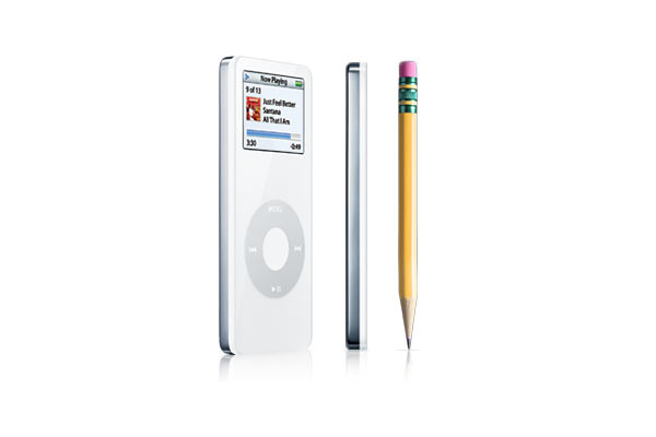 iPod Nano (第一代) [2005]作为iPod Mini 的继任者，iPod Nano传承了Mini的尺寸特点，厚度仅为0.3英寸。最初，Nano只有黑白两种颜色。第二代Nano改用镀铝外壳，有多种颜色可供选择。